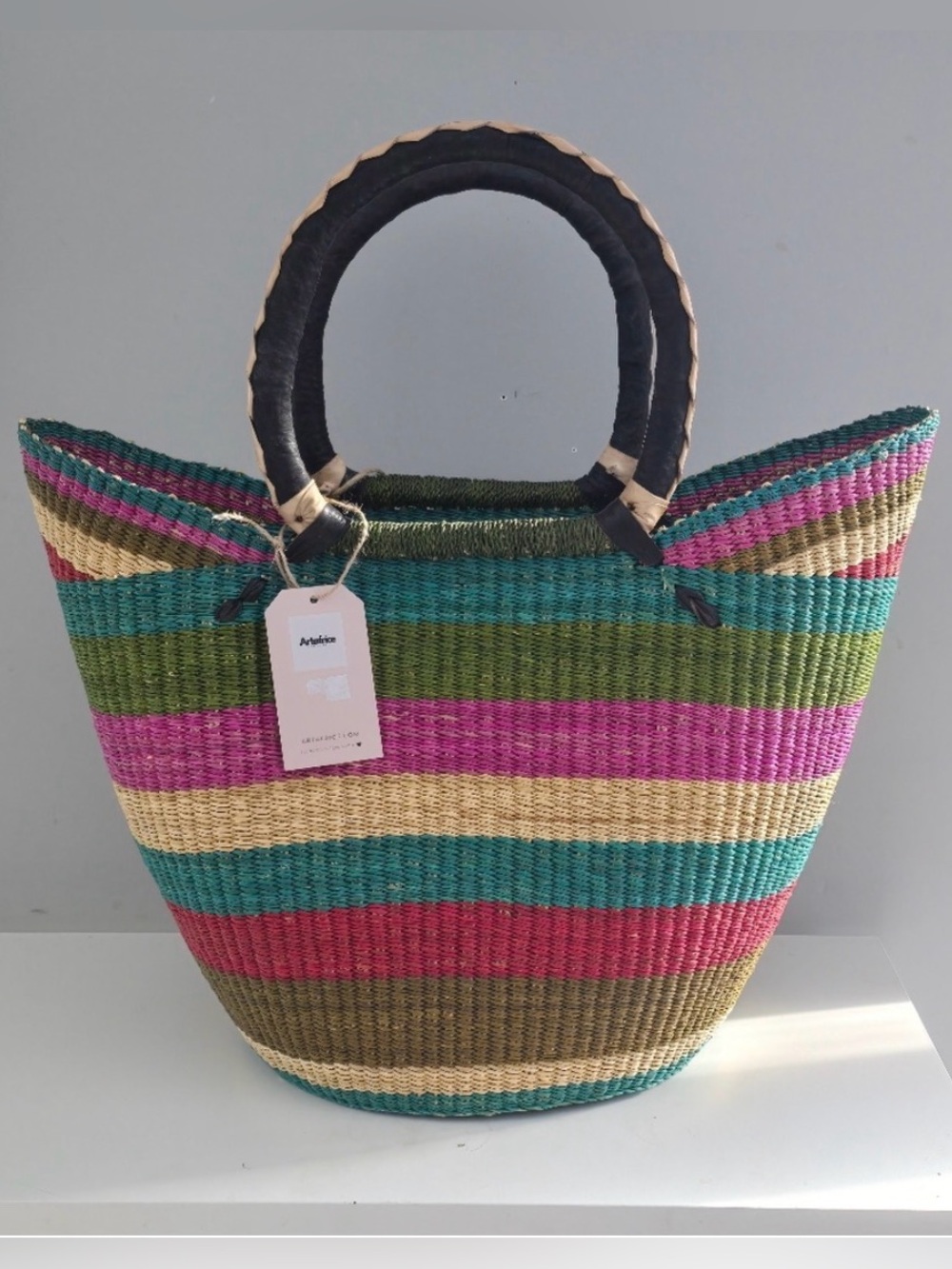 Handwoven Multicolor U Shopper Basket Straw with Black Leather Handles